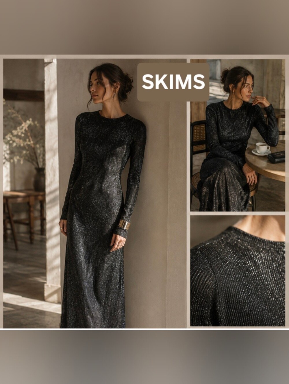 SKIMS Foil Knit Maxi Dress – Black – Size Small